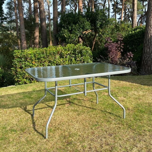 Garden Table Glass Top Patio Metal Frame Rectangle Large Outdoor