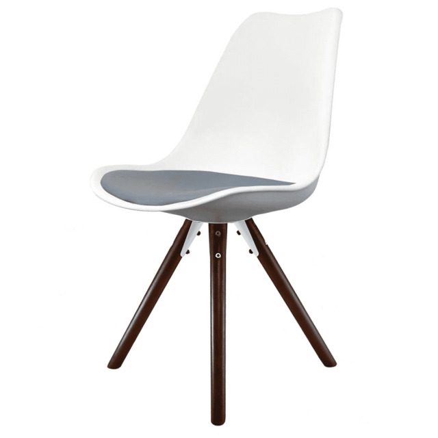 White Plastic Dining Chair - Pyramid Dark Wood Legs - Dark Grey Seat