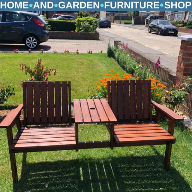 2 Seater Garden Bench With Table & Parasol Hole Wooden Loveseat For
