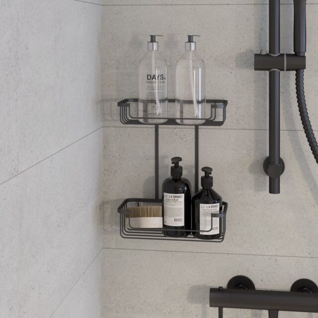 Croydex Black Shower Caddy 2 Tier Screw To Wall Bathroom Caddy