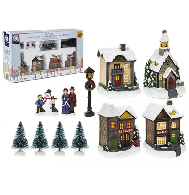 12 Piece Mini Light Up Village Christmas Scene Resin Houses Figurines