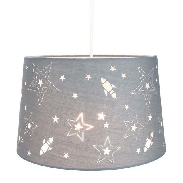 Fun Rockets And Stars Childrens/kids Grey Cotton Bedroom Pendant Or