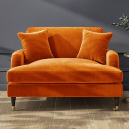 Orange Velvet Loveseat With Saddle Arms Wood Legs Foam Filled