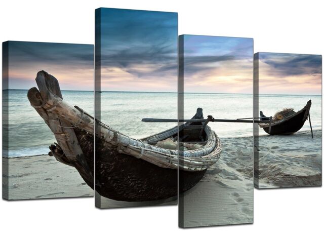 Large Blue Beach Sea Sunset Canvas Wall Art Pictures Xl Set Boats 4107