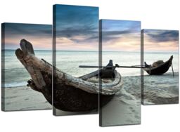 Large Blue Beach Sea Sunset Canvas Wall Art Pictures Xl Set Boats 4107