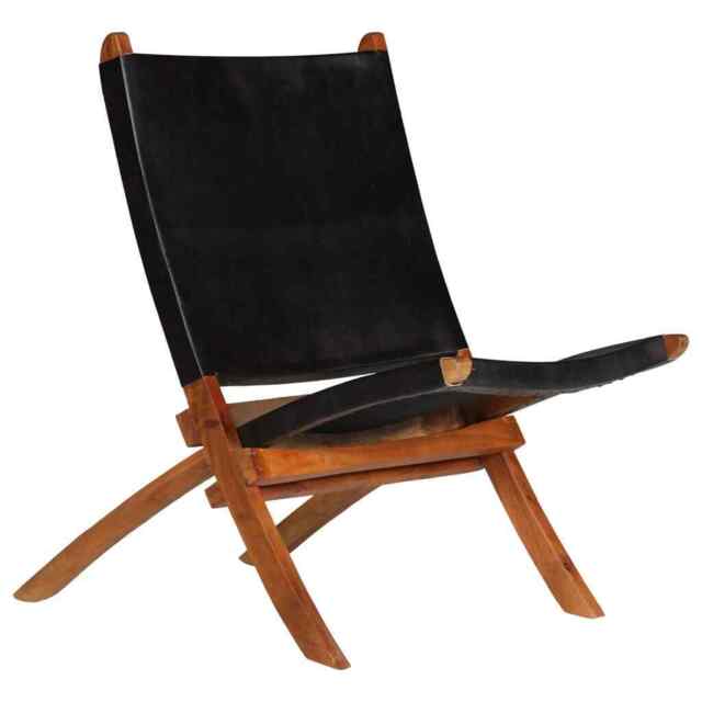 Folding Relaxing Chair Black Real Leather Vidaxl