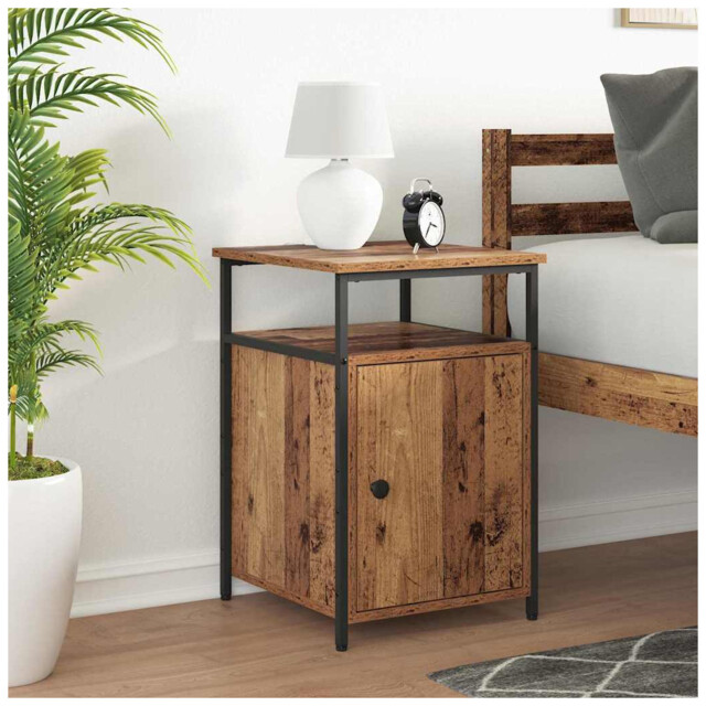 Bedside Table Old Wood 42x60cm Engineered Wood Steel Legs Hinge Door