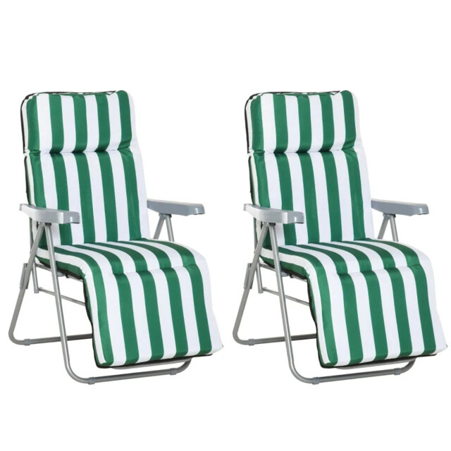 Set Of 2 Folding Sun Lounger Recliner Chairs Daybed Cushion Green