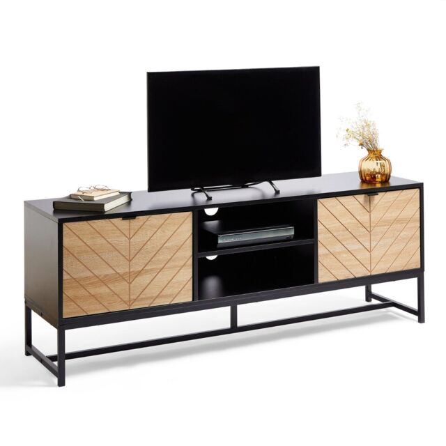 Chevron Tv Unit Cabinet Stand Modern 2 Door W/ Storage & Shelves -