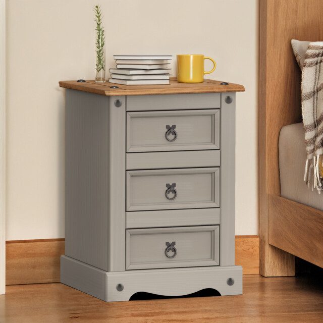 Corona Bedside Cabinet Grey 3 Drawer Medium Table Solid Wood Mexican