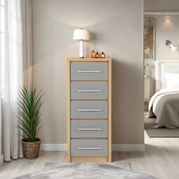 Seville 5 Drawer Narrow Chest Grey Gloss Light Oak Bedroom Storage
