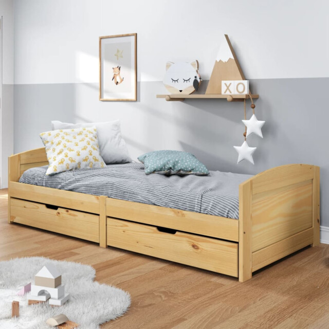 Day Bed 90x200 Brown Solid Pinewood Storage 2 Drawers Slatted