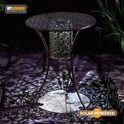 Round Table Solar Garden Light Up Outdoor Decor Bronze Effect Scroll