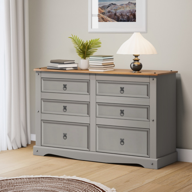 Corona Chest Of Drawers 3+3 6 Drawer Low Wide Grey Sideboard Solid