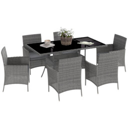 Outsunny Rattan Dining Set For 6 With Cushions, Glass Top Table