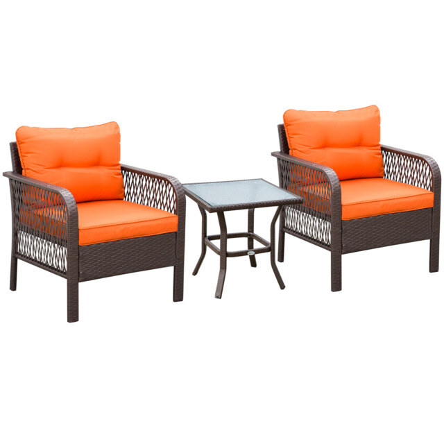 3 Pieces Patio Rattan Bistro Set With Tempered Glass Table Orange