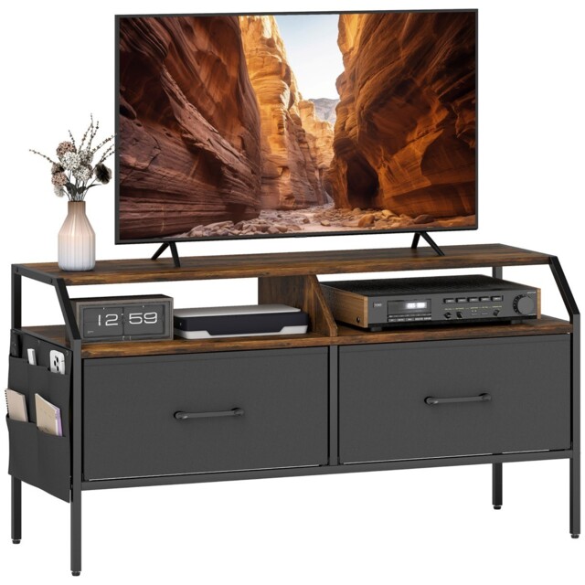 Rustic Brown Tv Stand 2 Fabric Drawers Open Shelves Media Storage 5
