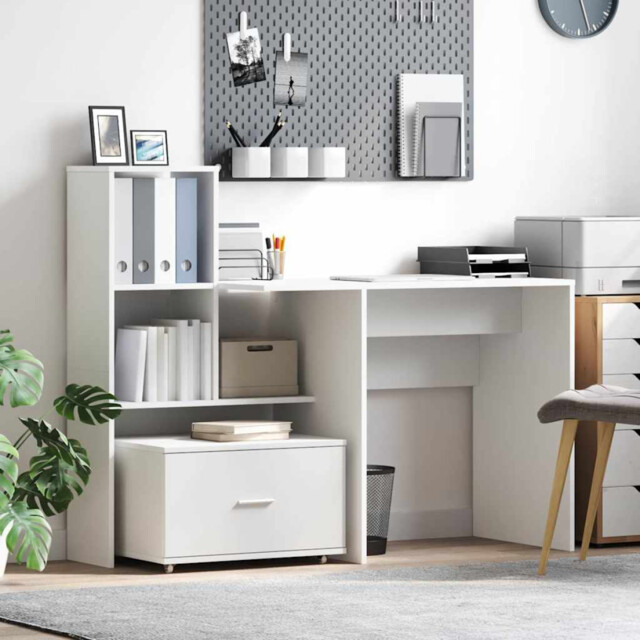 Desk White Engineered Wood 131.5x50x106.5cm Drawer & Shelf, Minimal