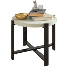 Outsunny Round Small Garden Table With Faux Marble Glass Top, Light