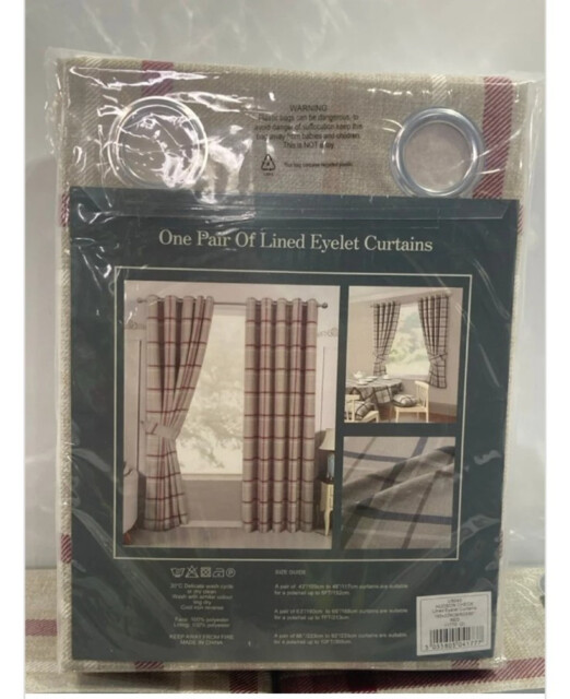 "Home Curtains Hudson Check Lined Eyelet Ring Curtains 65”x 90"""