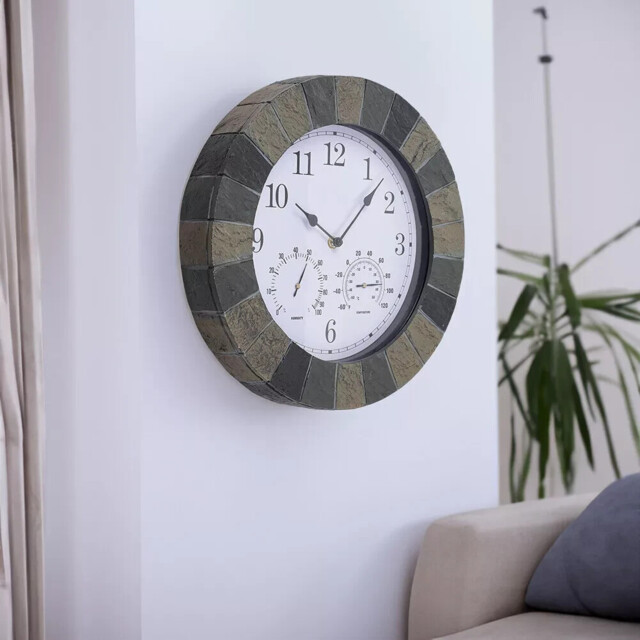 Slate Effect Garden Wall Clock Thermometer Large Resin Indoor Outdoor
