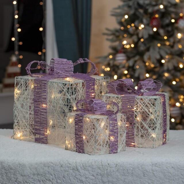 70839 Set Of 3 Light-up Christmas Boxes With Pink Bow/indoor Christmas