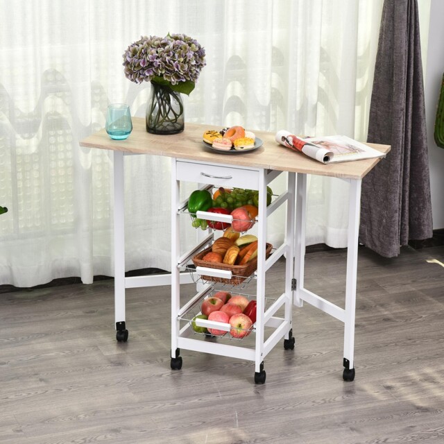 Drop-leaf Kitchen Trolley W/ 3 Baskets Drawer Surface Top 6 Wheels