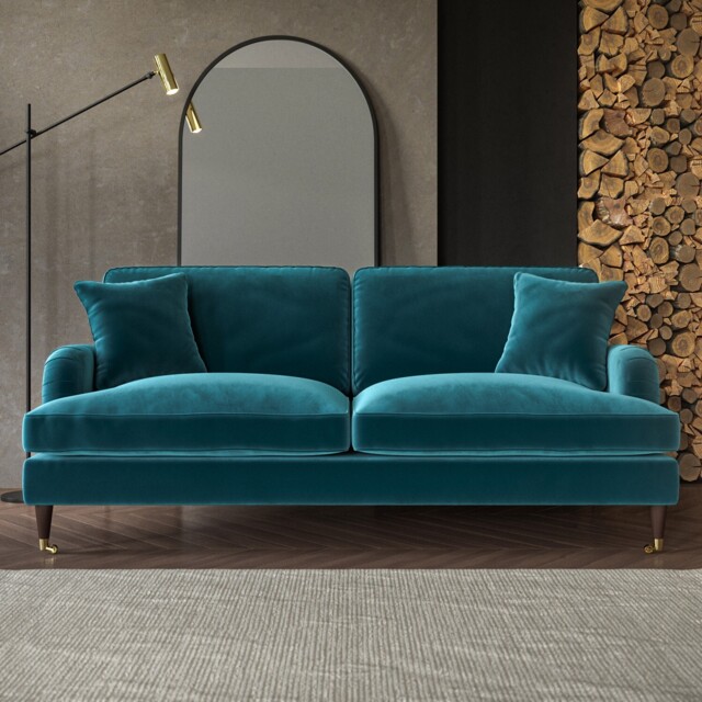 Blue Velvet Sofa 3 Seater Foam Filled With Ruched Saddle Arms Wood