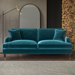 Blue Velvet Sofa 3 Seater Foam Filled With Ruched Saddle Arms Wood