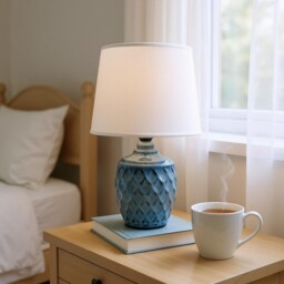 40cm Blue & White Ceramic Table Lamp With Round Polo Shade For Bedroom