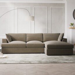 Brown Velvet L Shaped Sofa 3 Seater Right Hand Facing Saddle Arms Foam