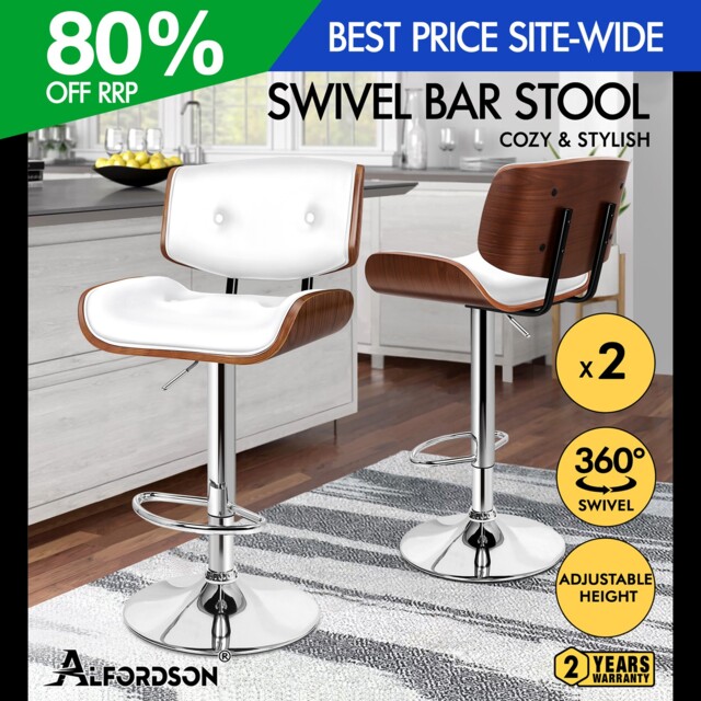 Alfordson 2x Bar Stool Padded Pu Leather Swivel Gas Lift Breakfast