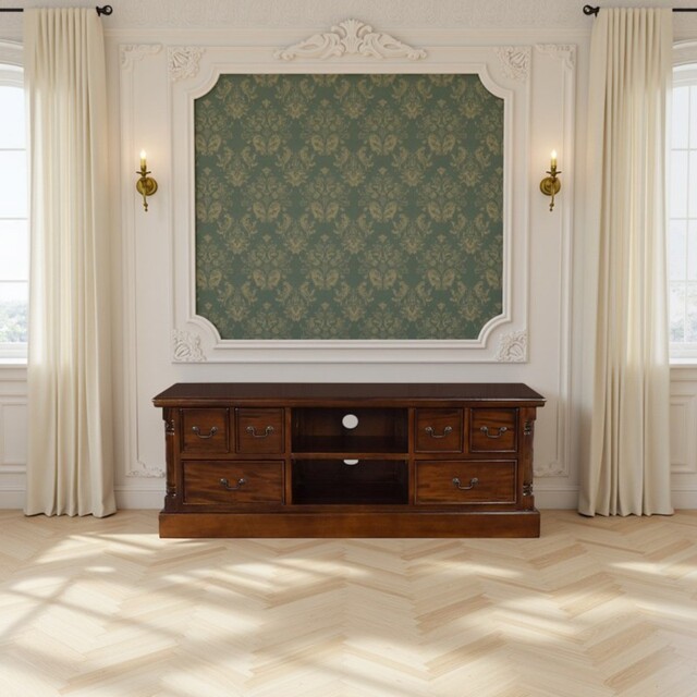 Mahogany Wide Screen Tv Unit With Six Drawers- Solid Mahogany Wood -