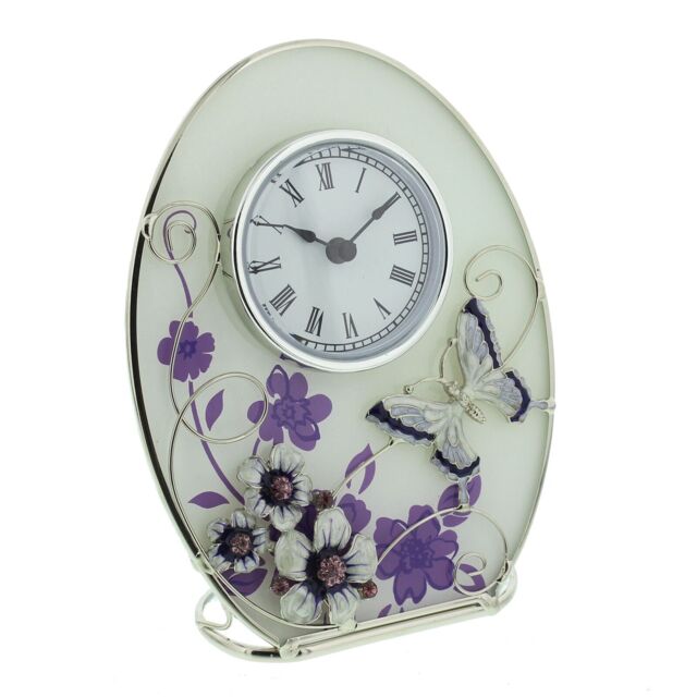 Glass Oval Clock Purple Butterfly/flowers/crystals