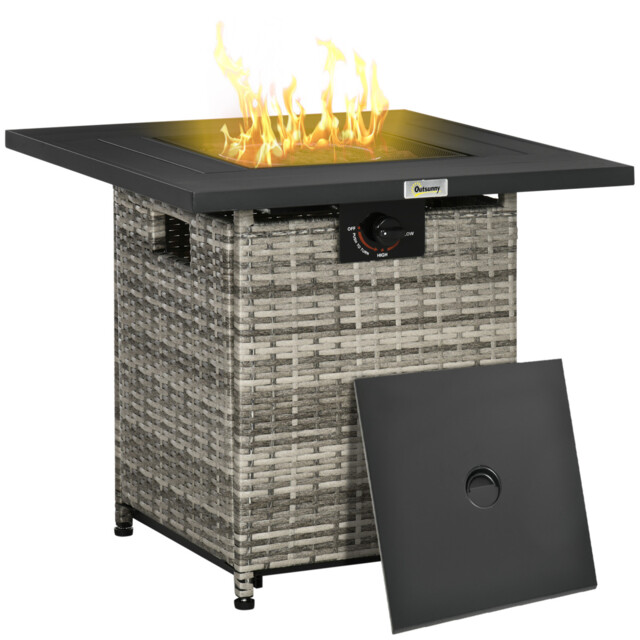 Gas Fire Pit Table W/ Rain Cover, Mesh Lid & Lava Stone, 40,000 Btu