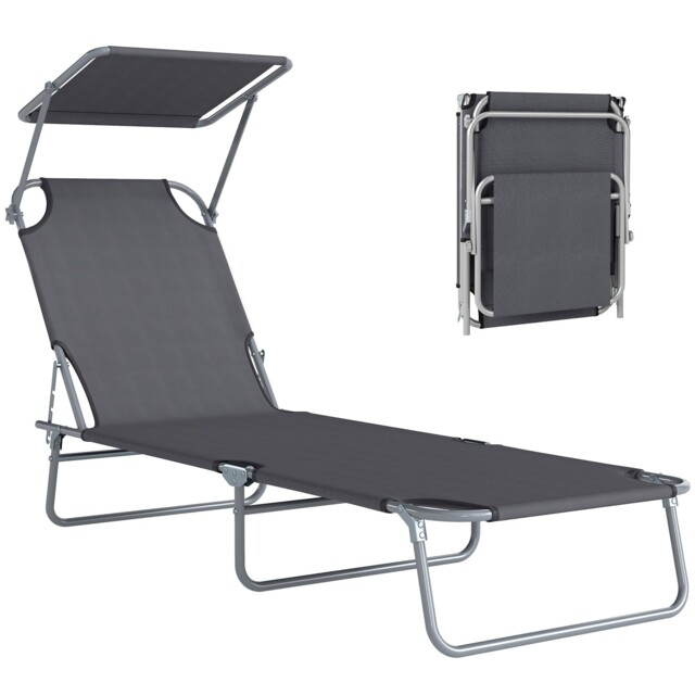 Outsunny Folding Sun Lounger With Canopy, Reclining Sunbed 1 Piece,
