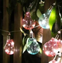10 Red & Blue Light Bulb Outdoor Solar Powered String Lights Garden