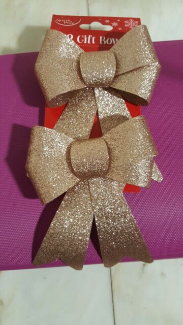 Pack Of 2 16cm Glittered Christmas Bows Tree Decorations Seasonal Rose