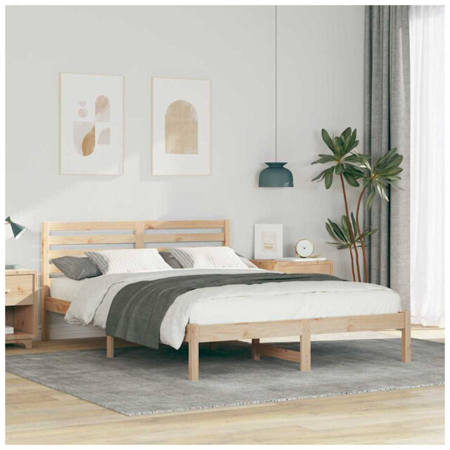 Bed Frame Natural Solid Pine Wood 140 X 210 Cm Platform Bed With