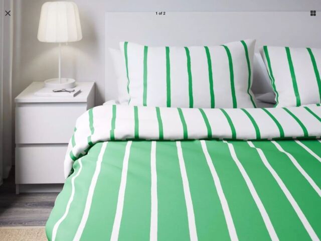 Ikea Tuvbracka King Size Duvet/quilt Cover & 4 P/cases Green/white