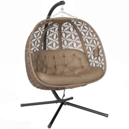 Outsunny Double Hanging Swing Chair W/ Stand & Cup Holders, Brown