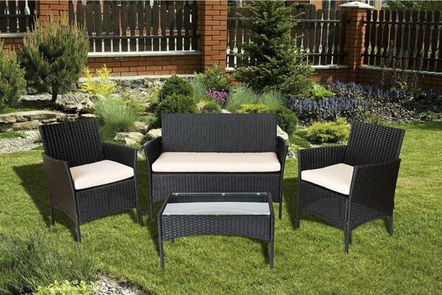 Rattan Garden Furniture Set 4 Piece: Black Chair Sofa Table Outdoor