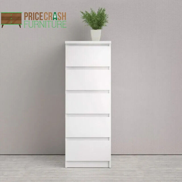 Naia Modern Tallboy Tall Narrow 5 Drawer Chest Of Drawers White Gloss