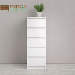 Naia Modern Tallboy Tall Narrow 5 Drawer Chest Of Drawers White Gloss