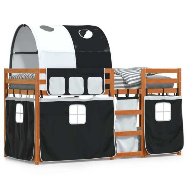Bunk Bed With Curtains White & Black 90x190 Cm Solid Wood Pine Vidaxl