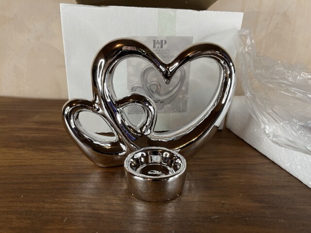 Twin Heart Chrome Tealight Holder Ornament – S&p Home & Gifts – In Box