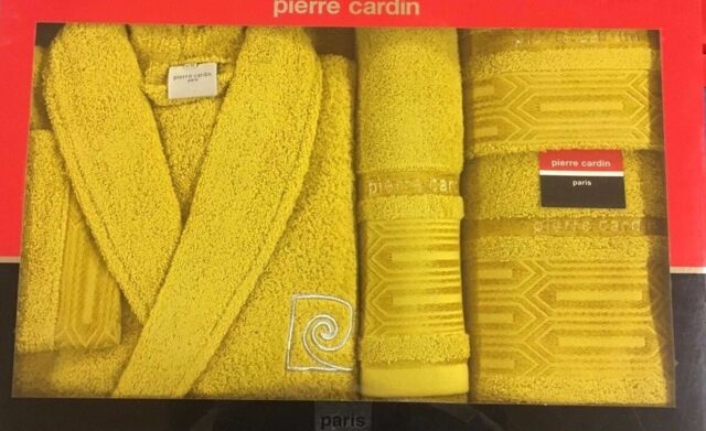 Pierre Cardin L / Xl 4 Piece Bathrobe Towel Set Mustard Aztec 100%