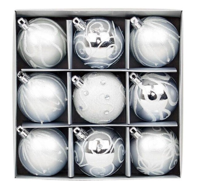 Shatterproof Silver Christmas Baubles 60mm - Pack Of 9
