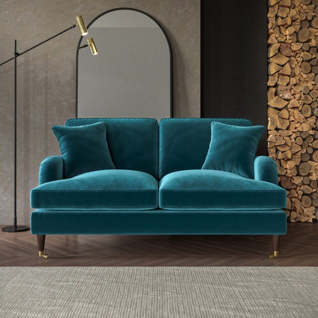 Blue Velvet Sofa 2 Seater Foam Filled With Ruched Saddle Arms Wood