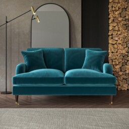 Blue Velvet Sofa 2 Seater Foam Filled With Ruched Saddle Arms Wood